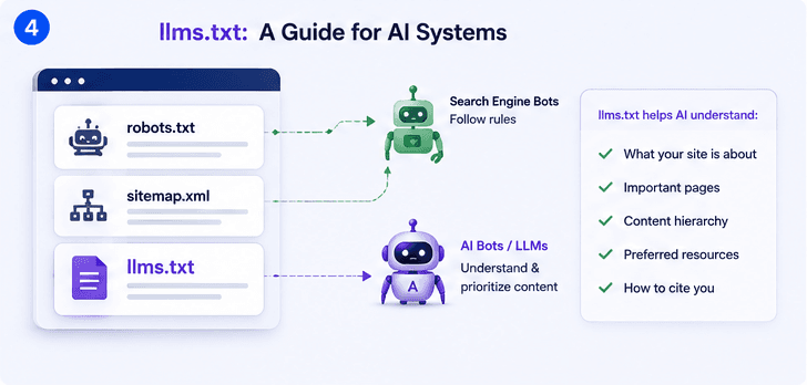 robots.txt와 sitemap.xml은 검색엔진 봇을 안내하고, llms.txt는 AI 봇과 LLM을 안내한다. 사이트가 무엇에 관한 것인지, 어떤 페이지가 중요한지, 콘텐츠 계층 구조, 선호하는 리소스, 인용 방법을 알려준다.
